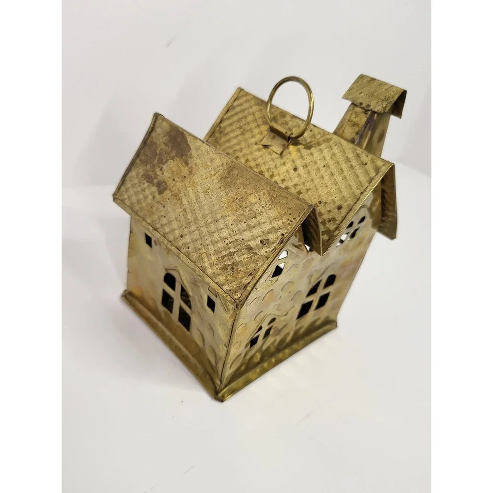 Vintage Brass Metal House Tea Light Candle Holder Gold Decorative Lantern 6.5in